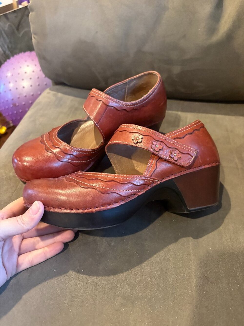 Dansko red leather flower Mary Jane clog shoes
